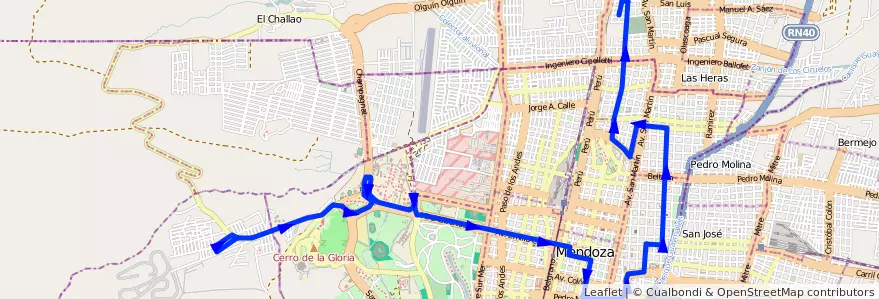 Mapa del recorrido 112 - B° La Favorita - U.N.C. por Hospital Central - Bajada de la línea G03 en Ciudad de Mendoza.