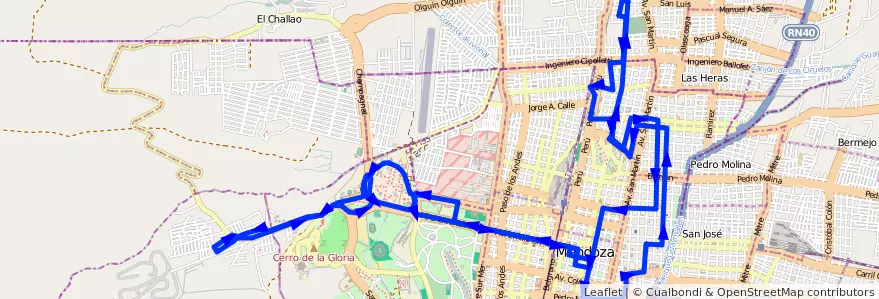 Mapa del recorrido 112 - B° La Favorita - U.N.C. por Hospital Central de la línea G03 en Ciudad de Mendoza.