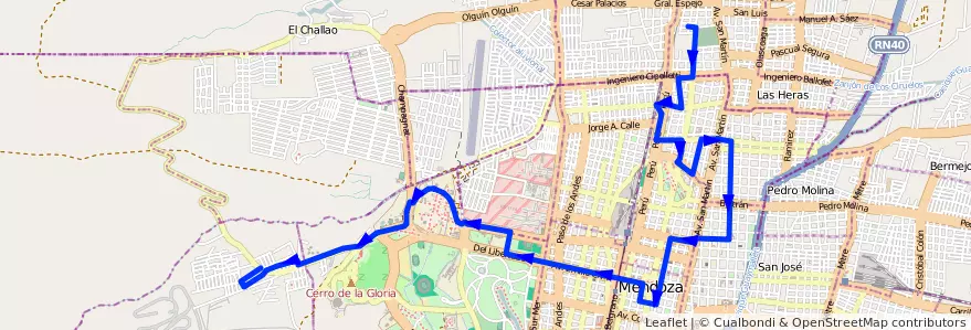 Mapa del recorrido 112 - B° La Favorita - U.N.C. por Hospital Central - Subida de la línea G03 en Ciudad de Mendoza.