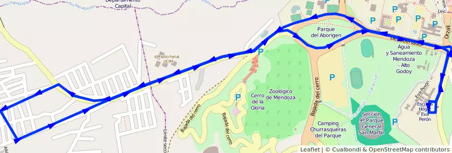 Mapa del recorrido 112 - Escuela Hogar Eva Perón de la línea G03 en Ciudad de Mendoza.
