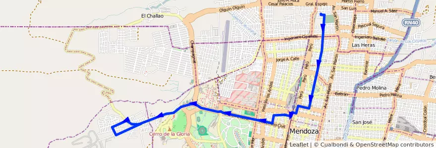 Mapa del recorrido 112 - Escuela Mattas de la línea G03 en Ciudad de Mendoza.