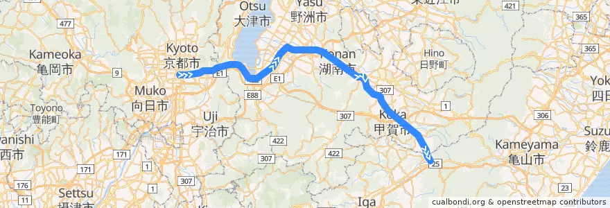 Mapa del recorrido 草津線上り:京都 => 柘植 de la línea  en شيغا.