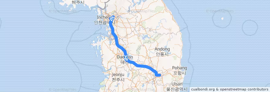 Mapa del recorrido KTX 경부고속선·경부선: 서울역 → 동대구역 de la línea  en Corea del Sur.
