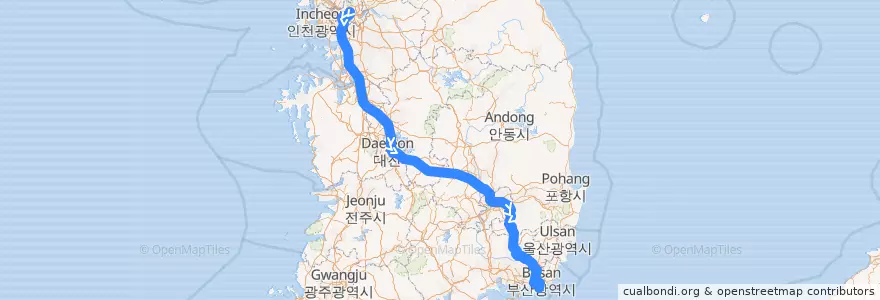 Mapa del recorrido KTX 경부고속선·경부선: 서울역 → 부산역 (구포경유) de la línea  en Республика Корея.