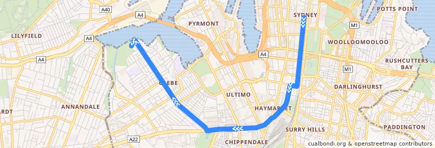 Mapa del recorrido Bus 431: City Martin Place => Glebe Point de la línea  en Council of the City of Sydney.