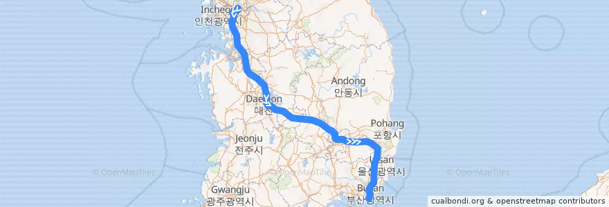 Mapa del recorrido KTX 경부선·경부고속선: 서울역 → 부산역 de la línea  en Korea Selatan.