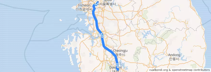 Mapa del recorrido KTX 경부고속선·경부선: 서울역 → 대전역 de la línea  en 대한민국.