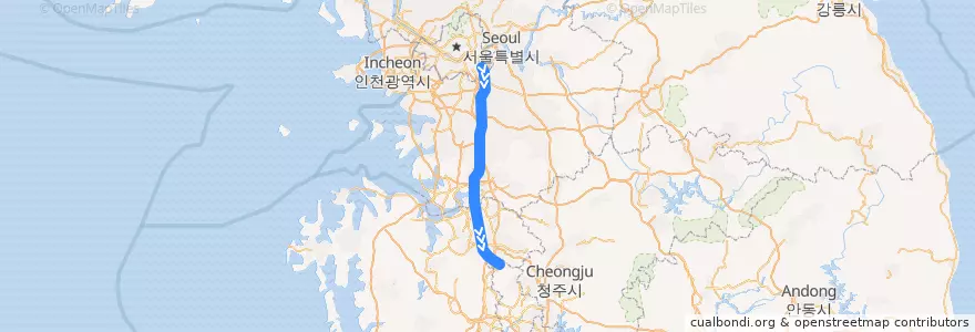 Mapa del recorrido SRT 수서평택고속선·호남고속선: 수서역 → 광주송정역 de la línea  en Korea Selatan.