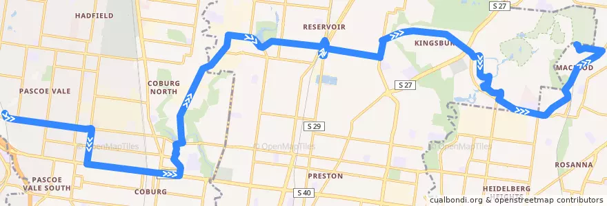 Mapa del recorrido Bus 561: Pascoe Vale => La Trobe University => Macleod de la línea  en ولاية فيكتوريا.