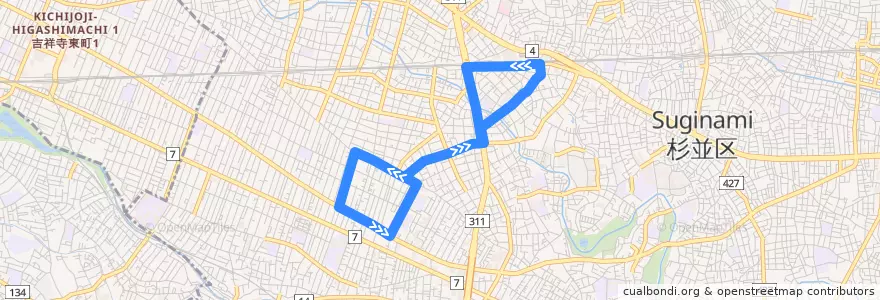 Mapa del recorrido 春日線 de la línea  en 杉並区.