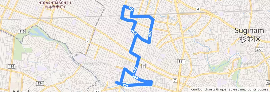 Mapa del recorrido かえで路線 de la línea  en 杉並区.