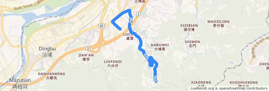 Mapa del recorrido 575 南天母廣場→捷運永寧站 de la línea  en Distretto di Tucheng.