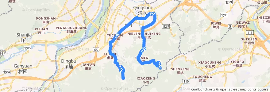 Mapa del recorrido 新北市 570 山中湖-南天母廣場 (往程) de la línea  en Tucheng District.