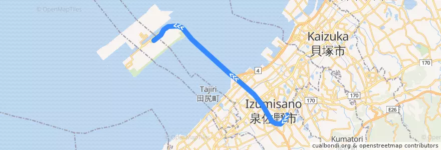 Mapa del recorrido JR関西空港線(下り) de la línea  en 泉佐野市.