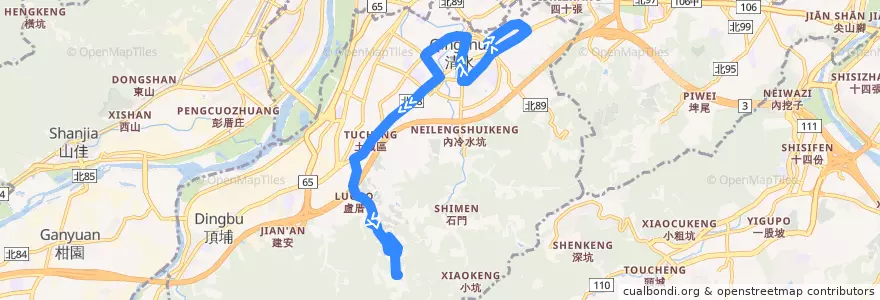 Mapa del recorrido 新北市 572 金城路口-南天母廣場 (往程) de la línea  en Tucheng District.