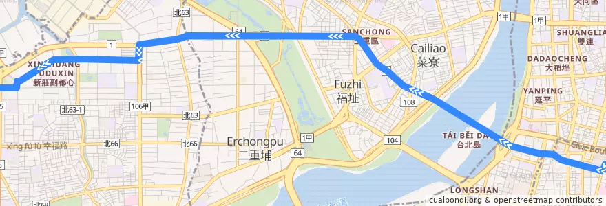 Mapa del recorrido 行政院新莊聯合辦公大樓通勤專車(返程) de la línea  en Новый Тайбэй.