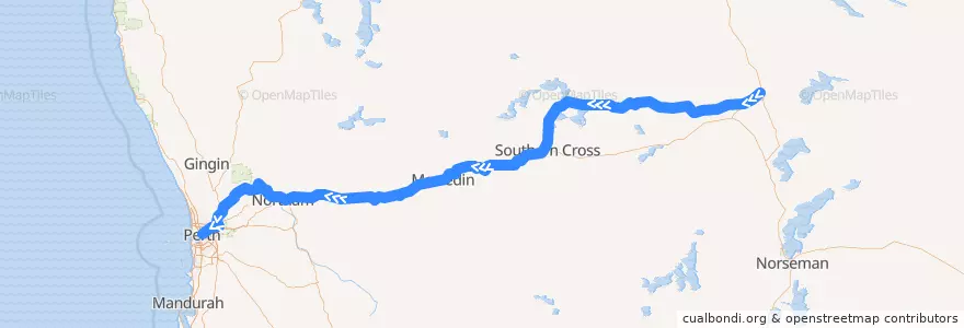 Mapa del recorrido Prospector: Kalgoorlie → Perth de la línea  en Westaustralien.