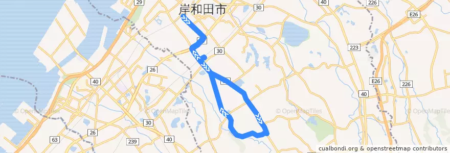 Mapa del recorrido 645: 岸和田駅前-一の宮循環(右回り) de la línea  en 岸和田市.