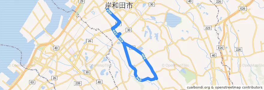 Mapa del recorrido 654: 岸和田駅前-一の宮循環(左回り) de la línea  en 岸和田市.