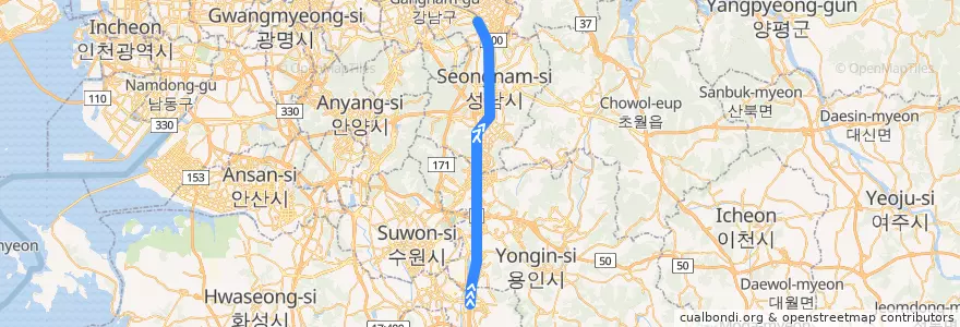 Mapa del recorrido SRT 출근열차 수서평택고속선 계통: 동탄역 → 수서역 de la línea  en گیونگی-دو.