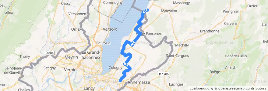Mapa del recorrido Bus 38: Chens-sur-Léman → Place Favre de la línea  en Ginevra.