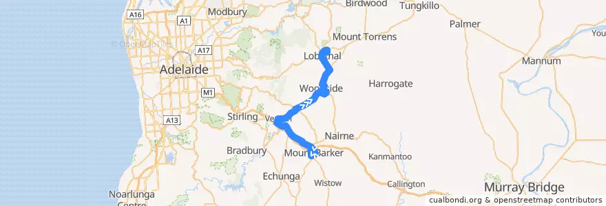 Mapa del recorrido Bus 835 - Mt Barker to Lobethal de la línea  en South Australia.