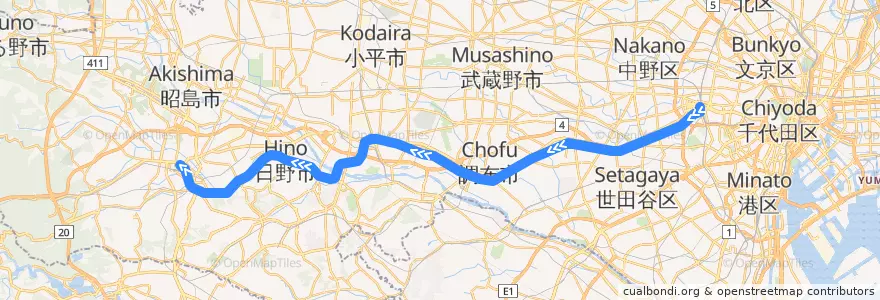 Mapa del recorrido 京王電鉄京王線 (西に) de la línea  en Tokio.