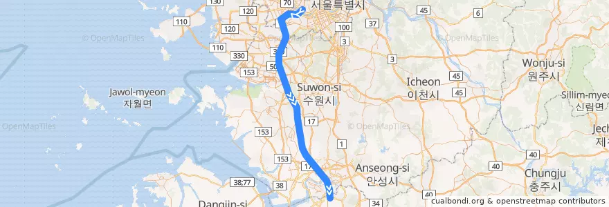 Mapa del recorrido KTX 경부고속선·호남고속선: 용산역 → 광주송정역 de la línea  en Coreia do Sul.