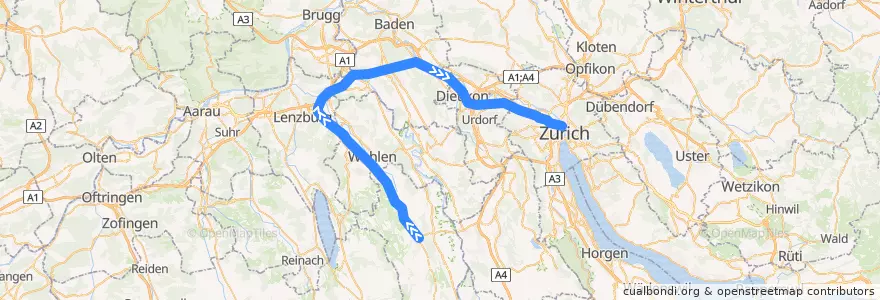 Mapa del recorrido S42: Muri AG => Zürich HB de la línea  en Schweiz/Suisse/Svizzera/Svizra.