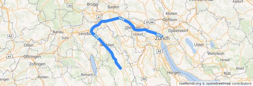Mapa del recorrido S42: Zürich HB => Muri AG de la línea  en Schweiz/Suisse/Svizzera/Svizra.
