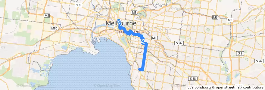 Mapa del recorrido Bus 605: City (Queen Street) => Kooyong Road => Gardenvale de la línea  en ولاية فيكتوريا.