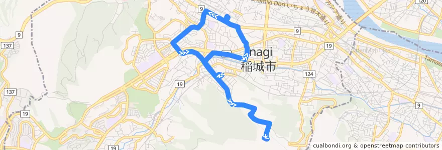 Mapa del recorrido メ01 de la línea  en 稲城市.
