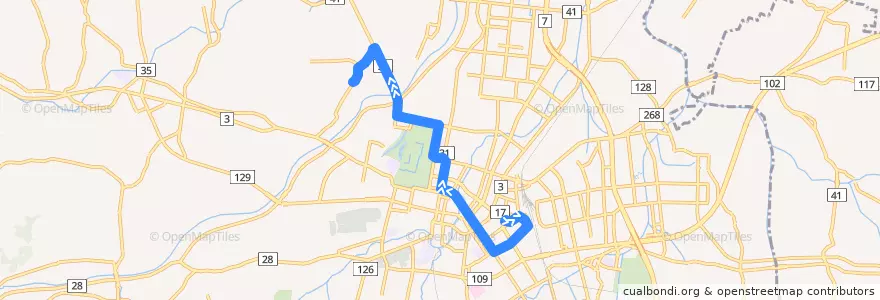 Mapa del recorrido 浜の町線 de la línea  en 弘前市.