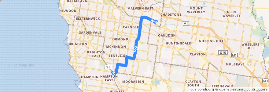 Mapa del recorrido Bus 627: Moorabbin Station => Bentleigh => Chadstone Shopping Centre de la línea  en Виктория.