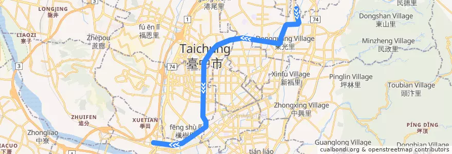 Mapa del recorrido 臺中捷運綠線北屯總站方向 de la línea  en Taichung.