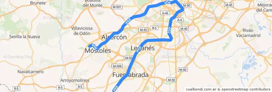 Mapa del recorrido C-5. Humanes → Atocha → Móstoles El Soto de la línea  en Área metropolitana de Madrid y Corredor del Henares.