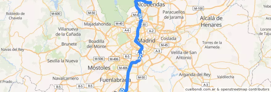 Mapa del recorrido C-4a. Parla → Sol → Alcobendas - S.S. de los Reyes de la línea  en Área metropolitana de Madrid y Corredor del Henares.