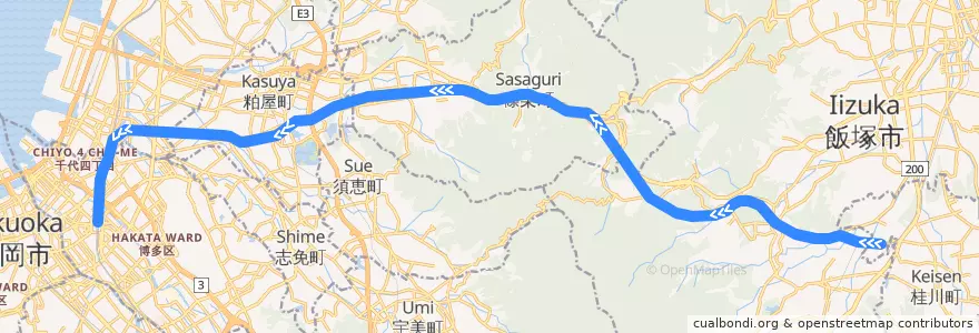 Mapa del recorrido JR篠栗線 de la línea  en Préfecture de Fukuoka.