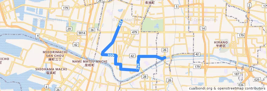 Mapa del recorrido 65:府立総合医療センター～矢田行基大橋 de la línea  en Prefectura de Osaka.