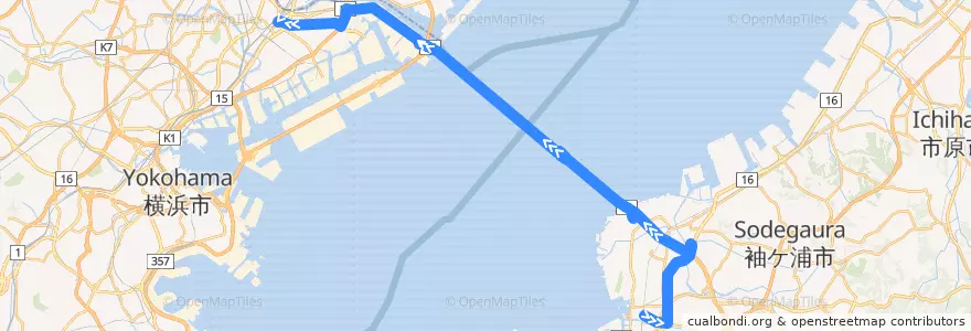 Mapa del recorrido アクアライン高速バス 木更津 => 川崎 de la línea  en ژاپن.