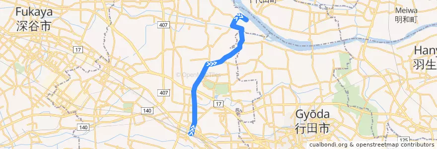 Mapa del recorrido 国際十王バスKM31系統 熊谷駅⇒中条学校⇒葛和田 de la línea  en 熊谷市.