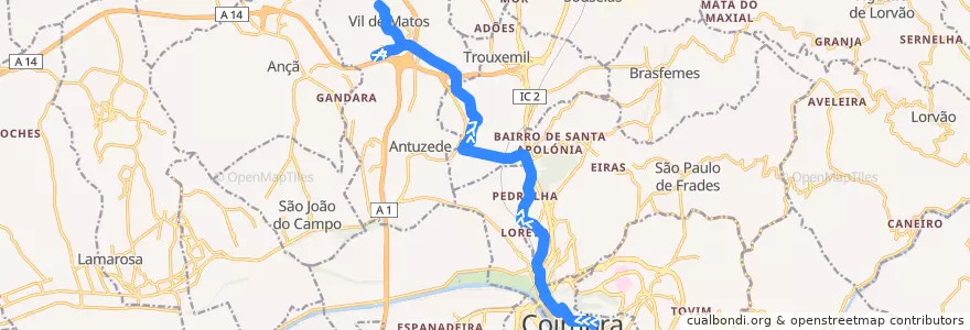 Mapa del recorrido 2T: Manutenção => Mourelos => Vil de Matos de la línea  en Coïmbre.