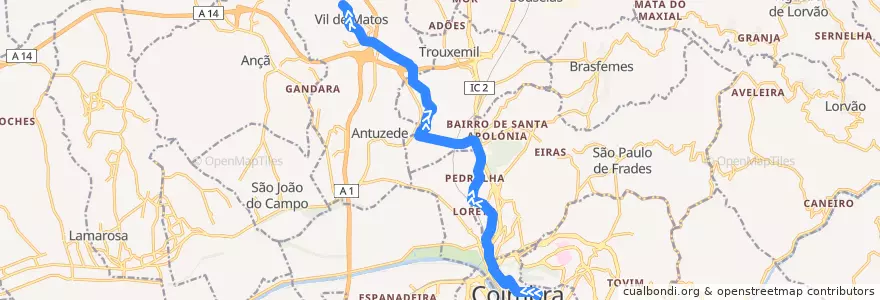 Mapa del recorrido 2T: Manutenção => Vil de Matos de la línea  en Coímbra.
