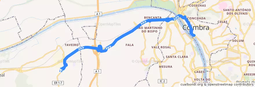 Mapa del recorrido 12R: Taveiro => Beira Rio de la línea  en Coimbra.