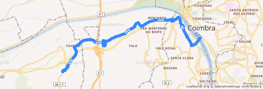 Mapa del recorrido 12A: Beira Rio => Taveiro de la línea  en Coímbra.
