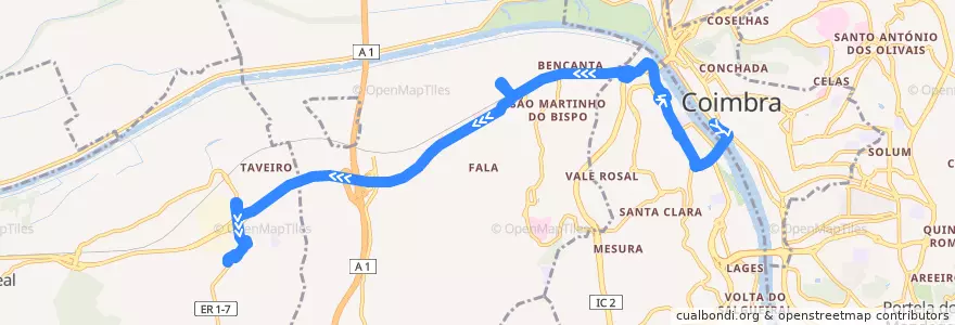 Mapa del recorrido 12R: Beira Rio => Taveiro de la línea  en Coímbra.