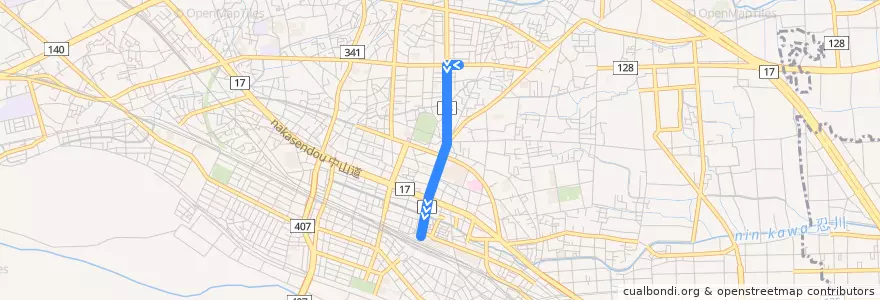 Mapa del recorrido 国際十王バスKM35系統 箱田車庫⇒熊谷駅 de la línea  en 熊谷市.