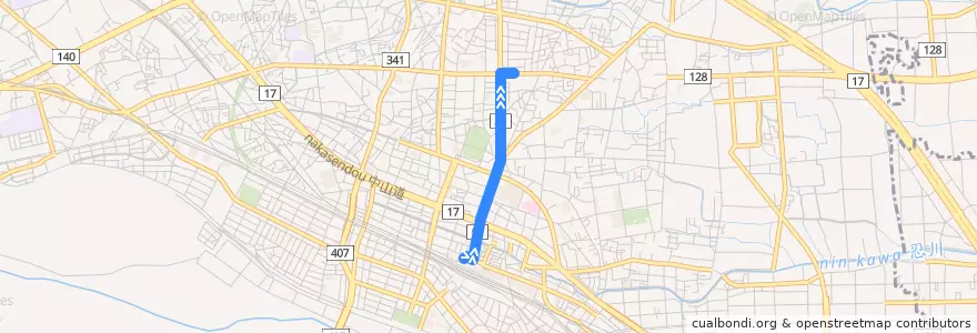 Mapa del recorrido 国際十王バスKM35系統 熊谷駅⇒箱田車庫 de la línea  en 熊谷市.