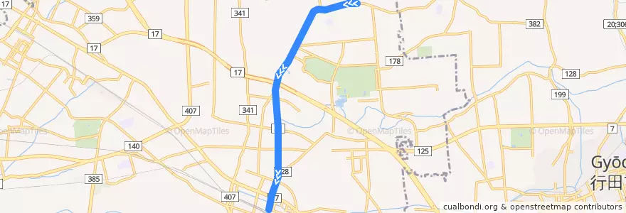 Mapa del recorrido 国際十王バスKM32系統 上中条⇒熊谷駅 de la línea  en 熊谷市.