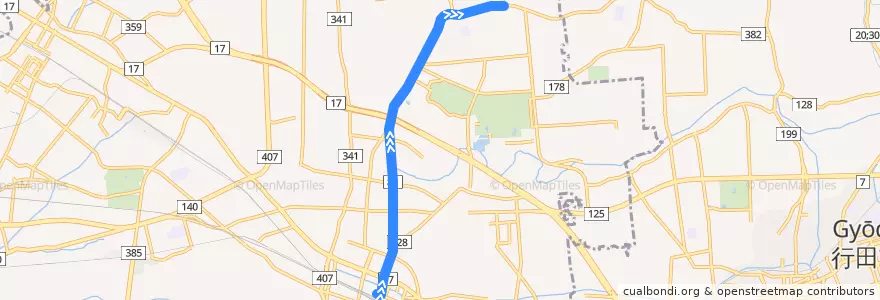 Mapa del recorrido 国際十王バスKM32系統 熊谷駅⇒上中条 de la línea  en 熊谷市.